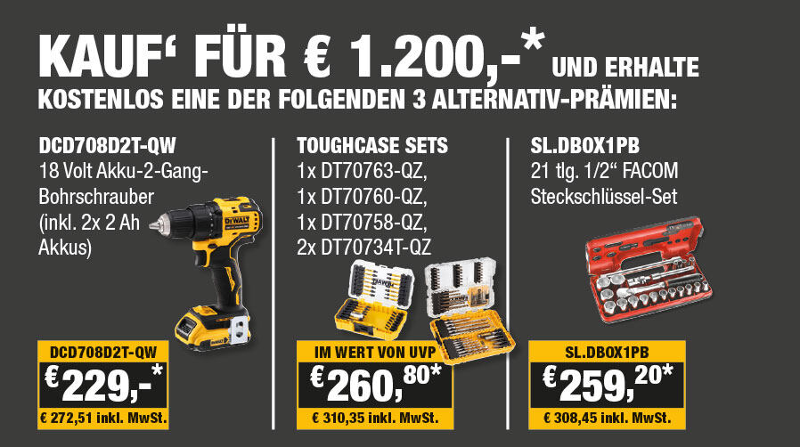 Dewalt GelbSparTage beim Kauf von Elektro-Werkzeugen im Wert von 1200 Euro (netto)