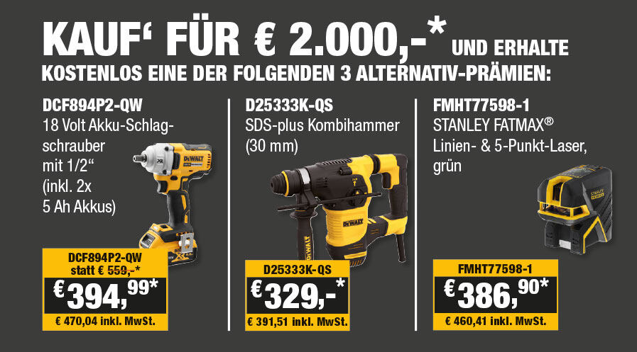 Dewalt GelbSparTage beim Kauf von Elektro-Werkzeugen im Wert von 2000 Euro (netto)