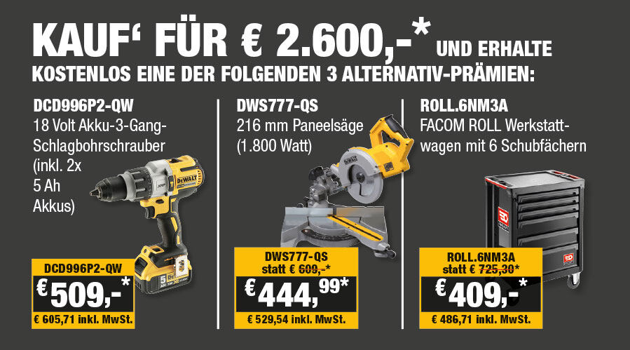 Dewalt GelbSparTage beim Kauf von Elektro-Werkzeugen im Wert von 2600 Euro (netto)