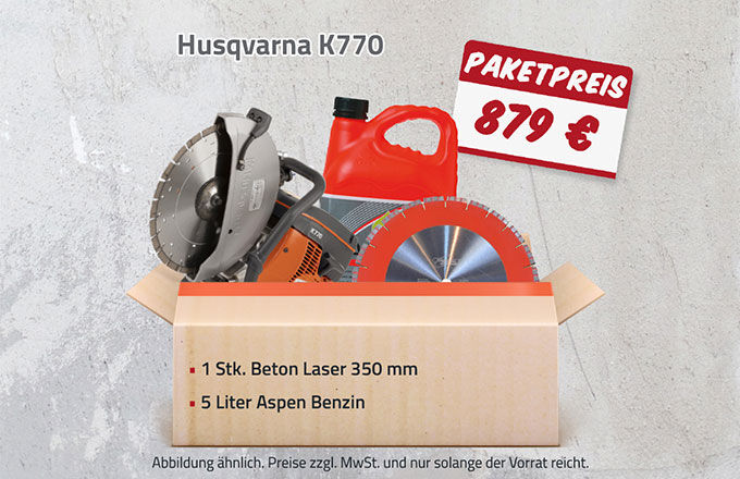 Paketpreis für Husqvarna K770 gemeinsam mit Trennscheibe und 5L Benzin